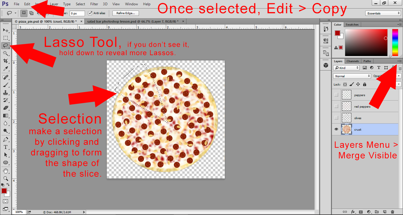 Photoshop Lesson - add toppings to the pizza by making layers visable ang select a slice of pizza with the lasso tool. Copy slice.
